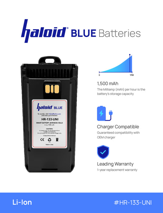 Haloid BLUE HR-133-UNI Lithium Battery 133 for EVX261 EVX530 EVX534 EVX539 VX260 VX261 VX264 VX450 VX459 - HaloidRadios.com